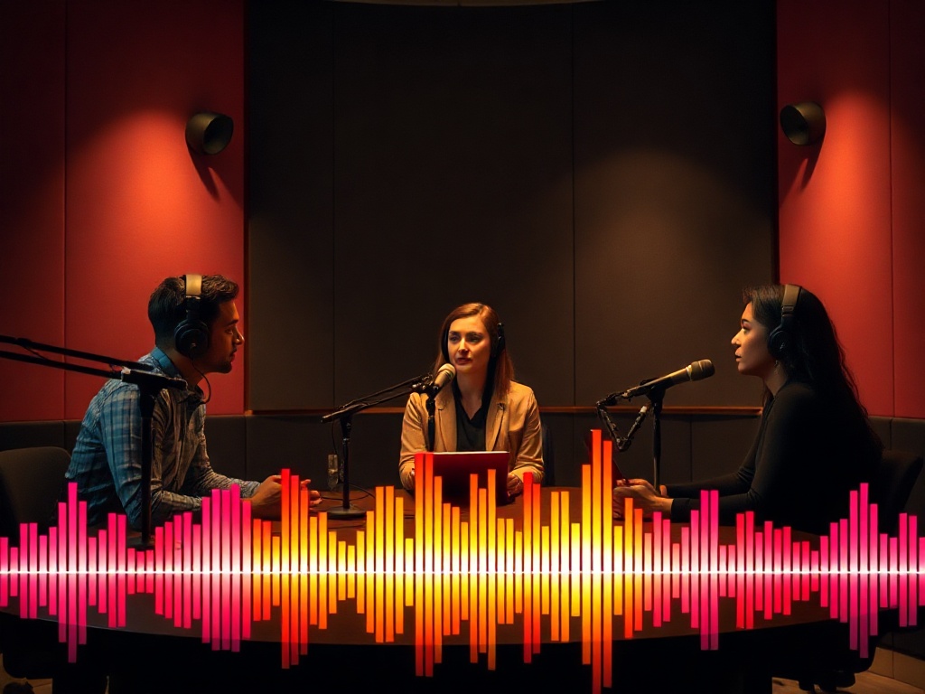 A warm modern studio with three diverse listeners in a semicircle, subtle microphone silhouettes, soft light, thoughtful expressions, colorful abstract audio-wave glow, high-contrast testimonials mood