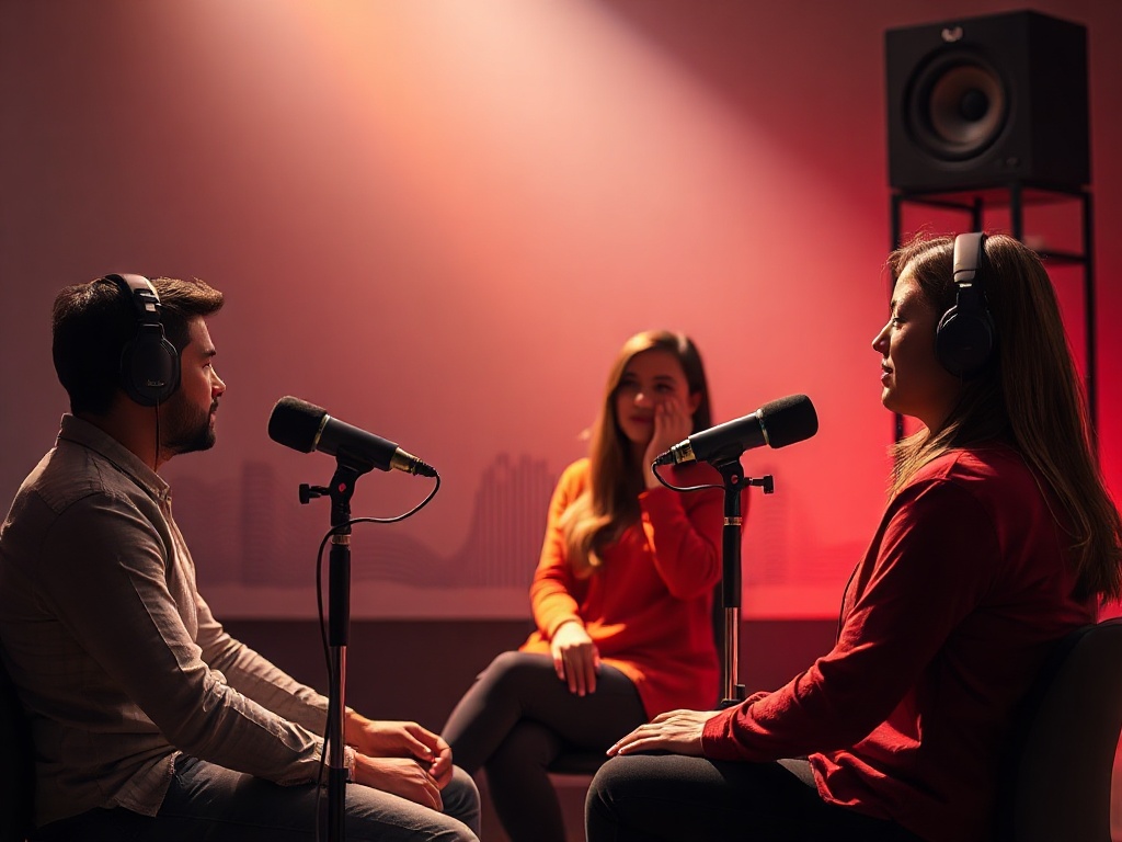 A warm modern studio with three diverse listeners in a semicircle, subtle microphone silhouettes, soft light, thoughtful expressions, colorful abstract audio-wave glow, high-contrast testimonials mood