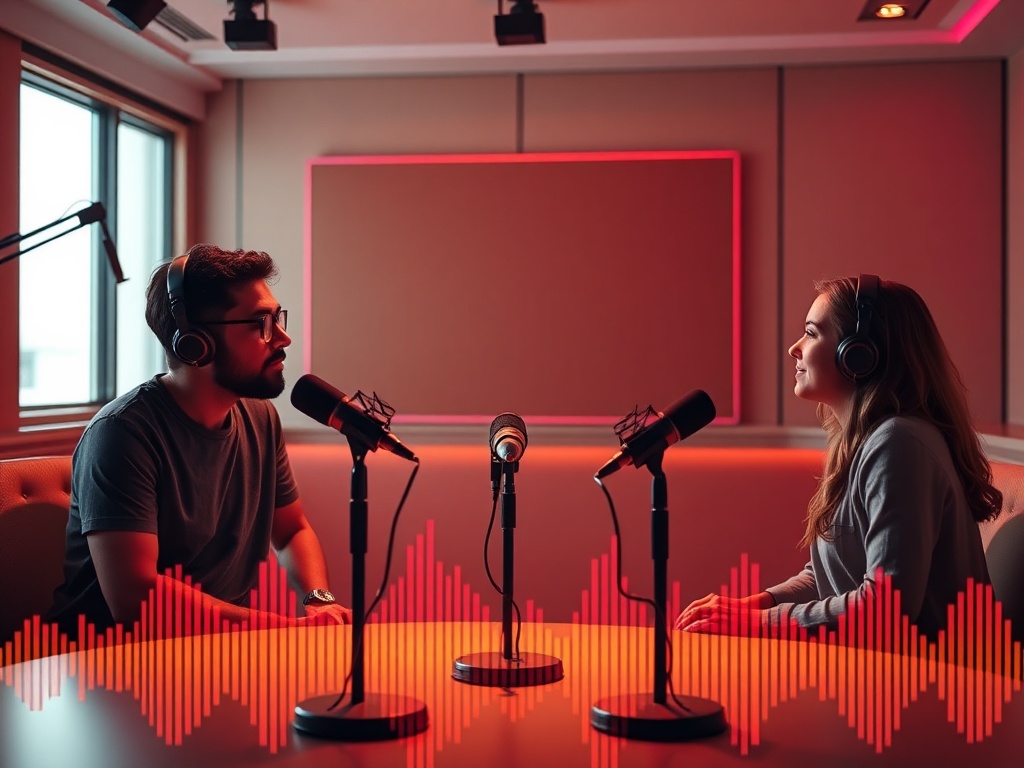 A warm modern studio with three diverse listeners in a semicircle, subtle microphone silhouettes, soft light, thoughtful expressions, colorful abstract audio-wave glow, high-contrast testimonials mood