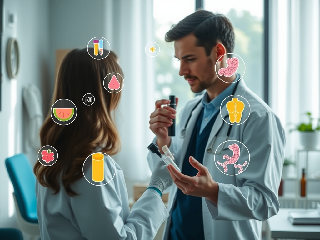 "a serene wellness clinic room" with "a medical professional examining blood samples" surrounded by "floating icons of vitamins, hormones, and gut health" under soft natural light.