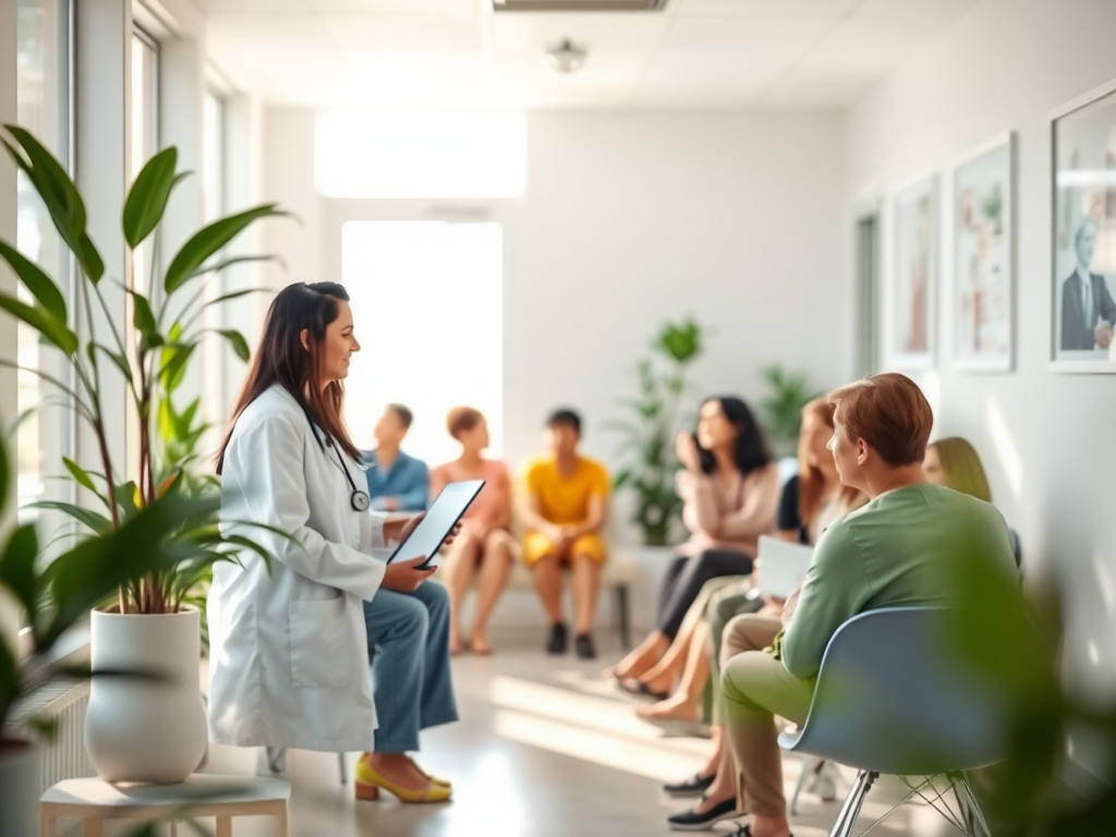"a serene, bright medical clinic room" "a diverse group of relaxed people" "a doctor discussing blood test results with a patient" "natural elements like plants and sunlight" "symbols of health and recovery in soft focus"