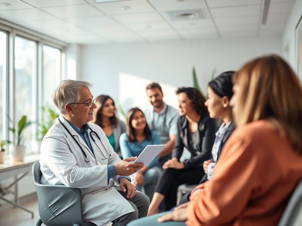 "a serene, bright medical clinic room" "a diverse group of relaxed people" "a doctor discussing blood test results with a patient" "natural elements like plants and sunlight" "symbols of health and recovery in soft focus"