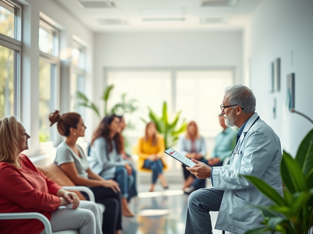 "a serene, bright medical clinic room" "a diverse group of relaxed people" "a doctor discussing blood test results with a patient" "natural elements like plants and sunlight" "symbols of health and recovery in soft focus"