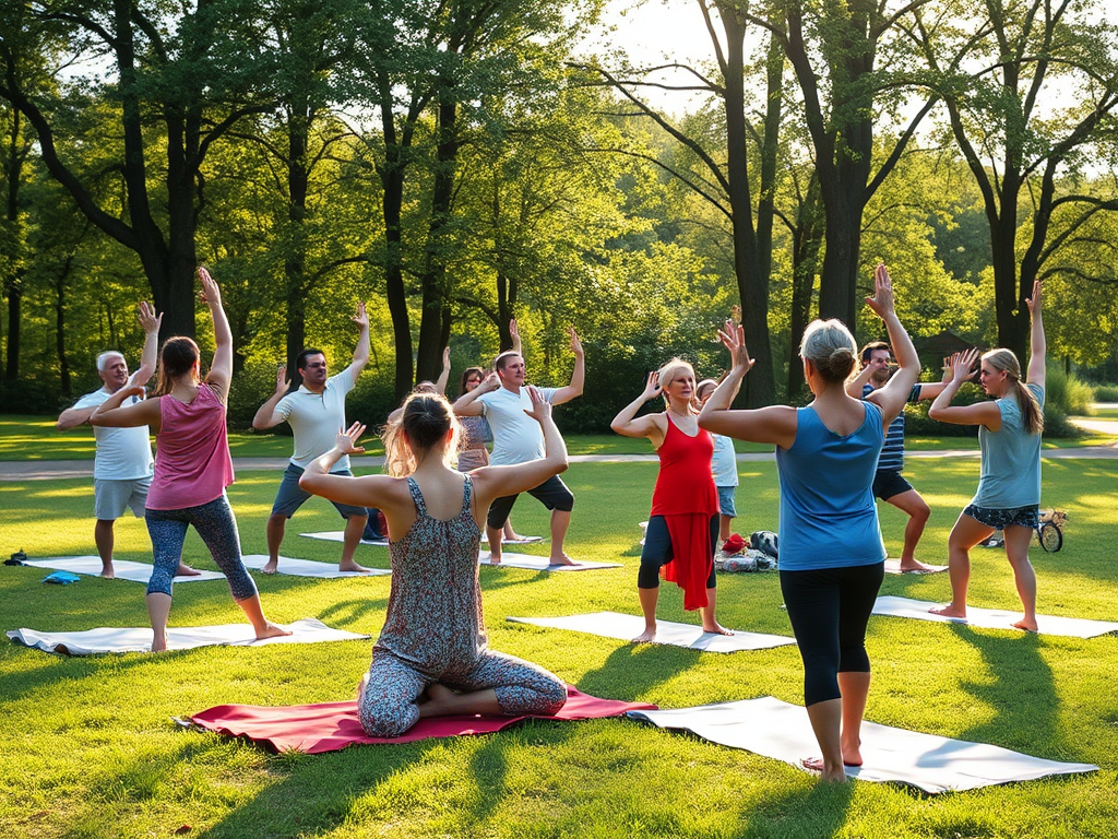 Groep ouders die yoga beoefenen in de natuur.