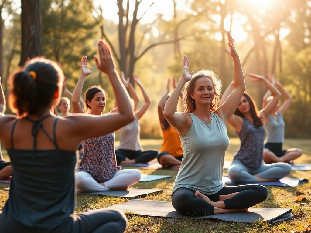 Groep ouders doet yoga in een zonnige, natuurlijke omgeving.