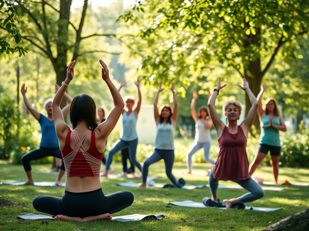 Een diverse groep ouders doet yoga in de natuur.