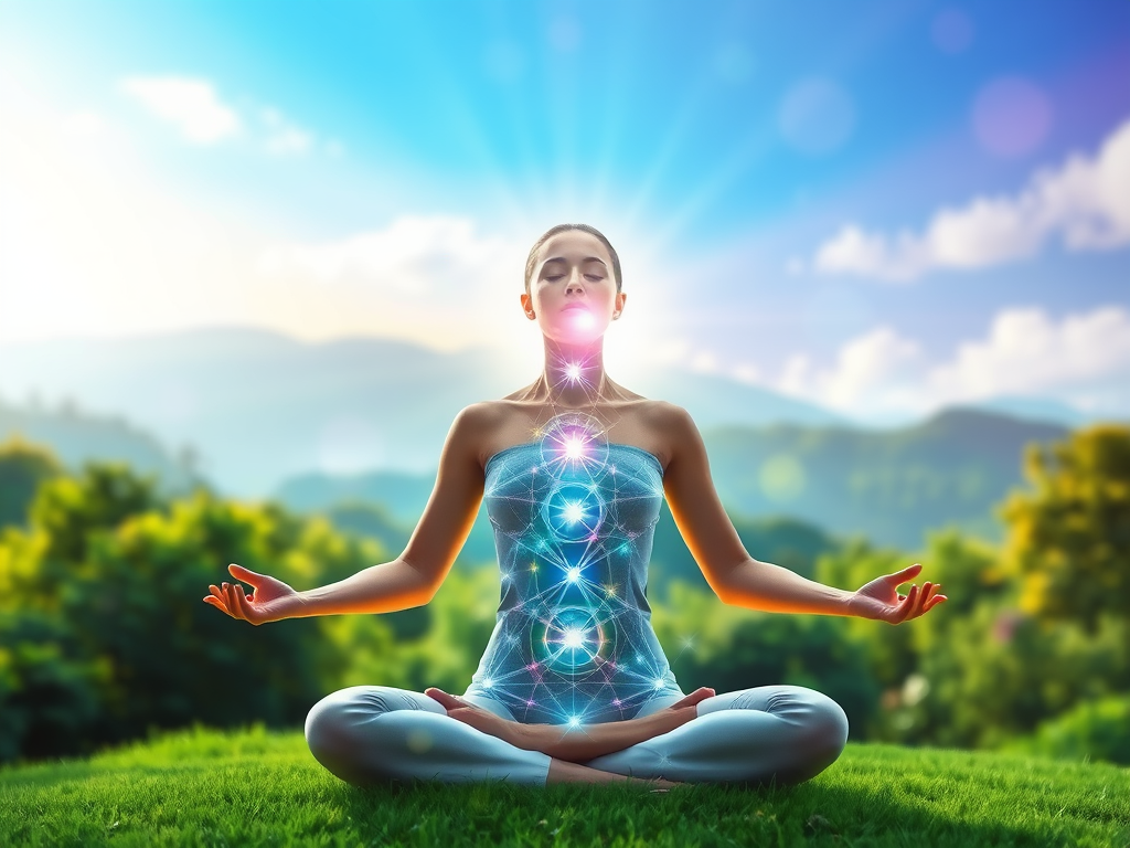 "serene woman meditating" "glowing energy flowing through body" "vibrant nature background" "soft light beams" "peaceful, balanced aura"