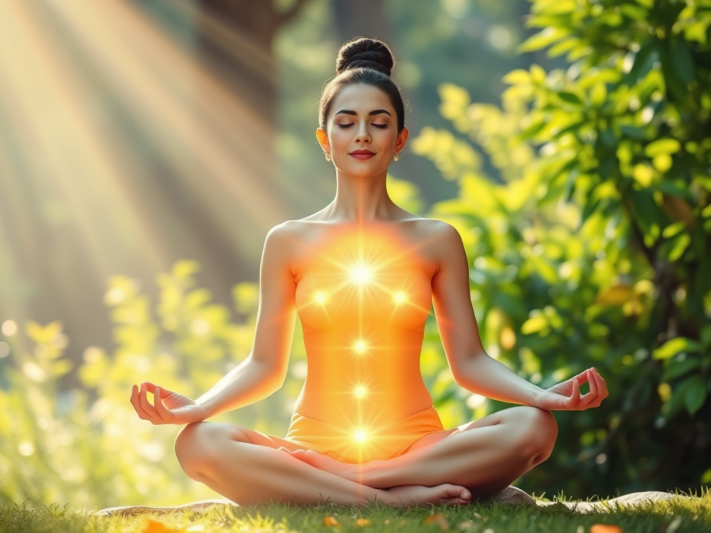"serene woman meditating" "glowing energy flowing through body" "vibrant nature background" "soft light beams" "peaceful, balanced aura"
