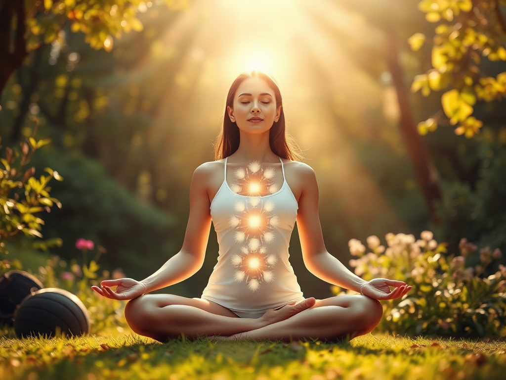 "serene woman meditating" "glowing energy flowing through body" "vibrant nature background" "soft light beams" "peaceful, balanced aura"