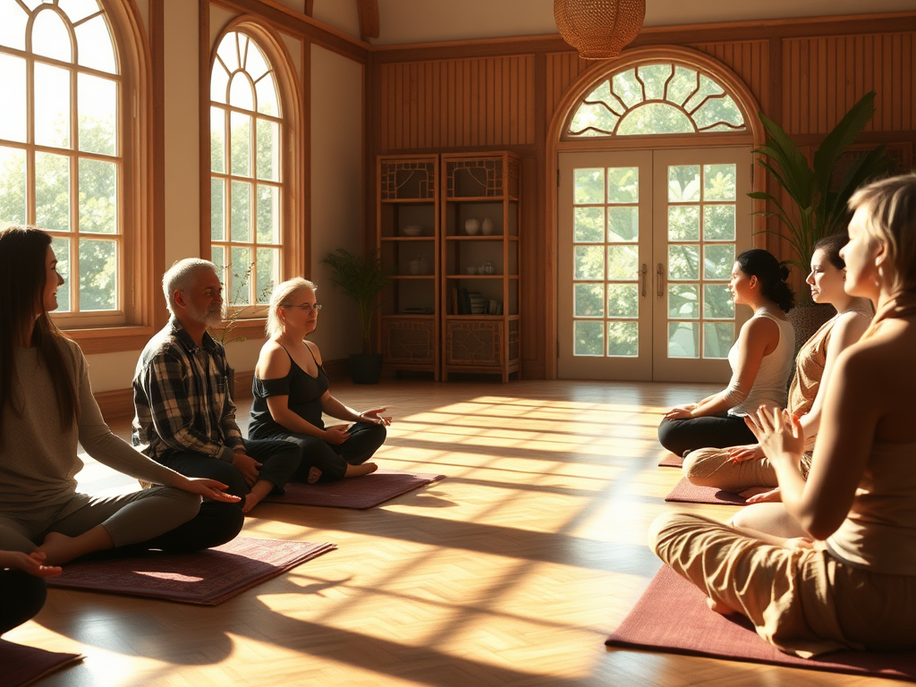 "a serene, sunlit room" with "people meditating peacefully," "soft natural light filtering through large windows," and "calm, contemplative expressions."
