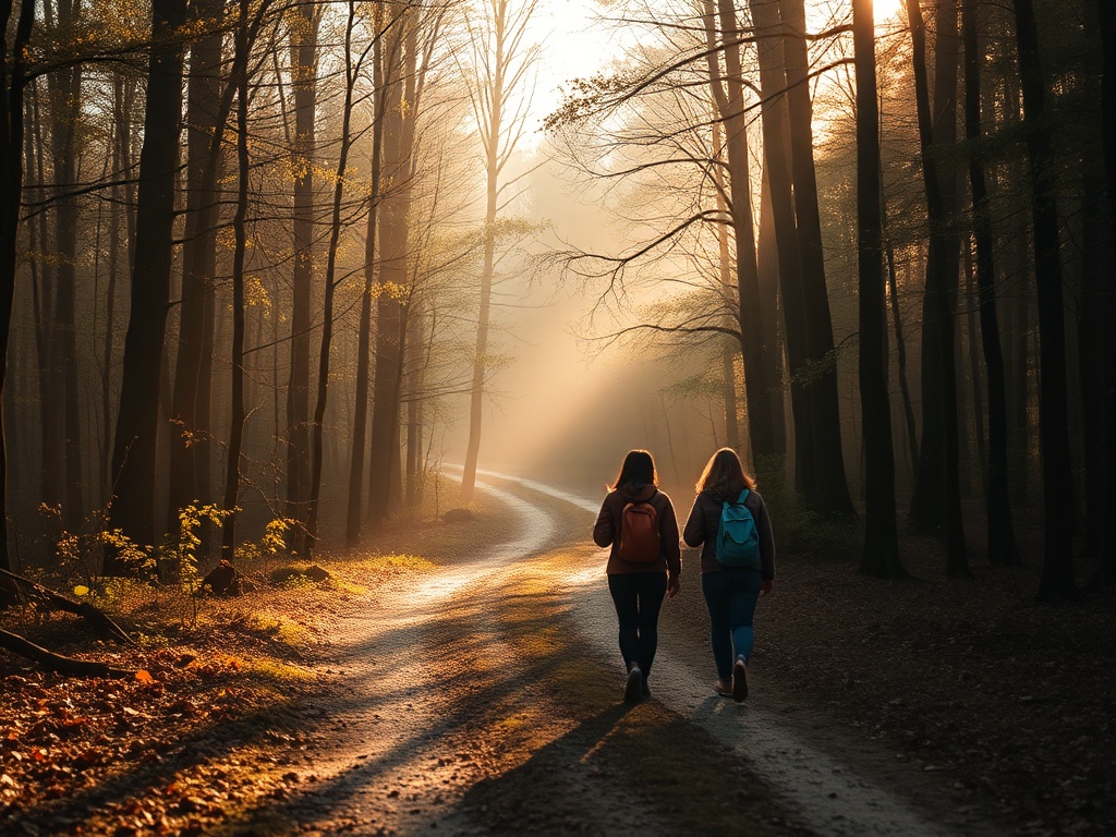 "A serene, sunlit forest path, a small group of women strolling gently, soft coaching moments, warm earthy tones, misty distance, peaceful atmosphere, nature's calm."