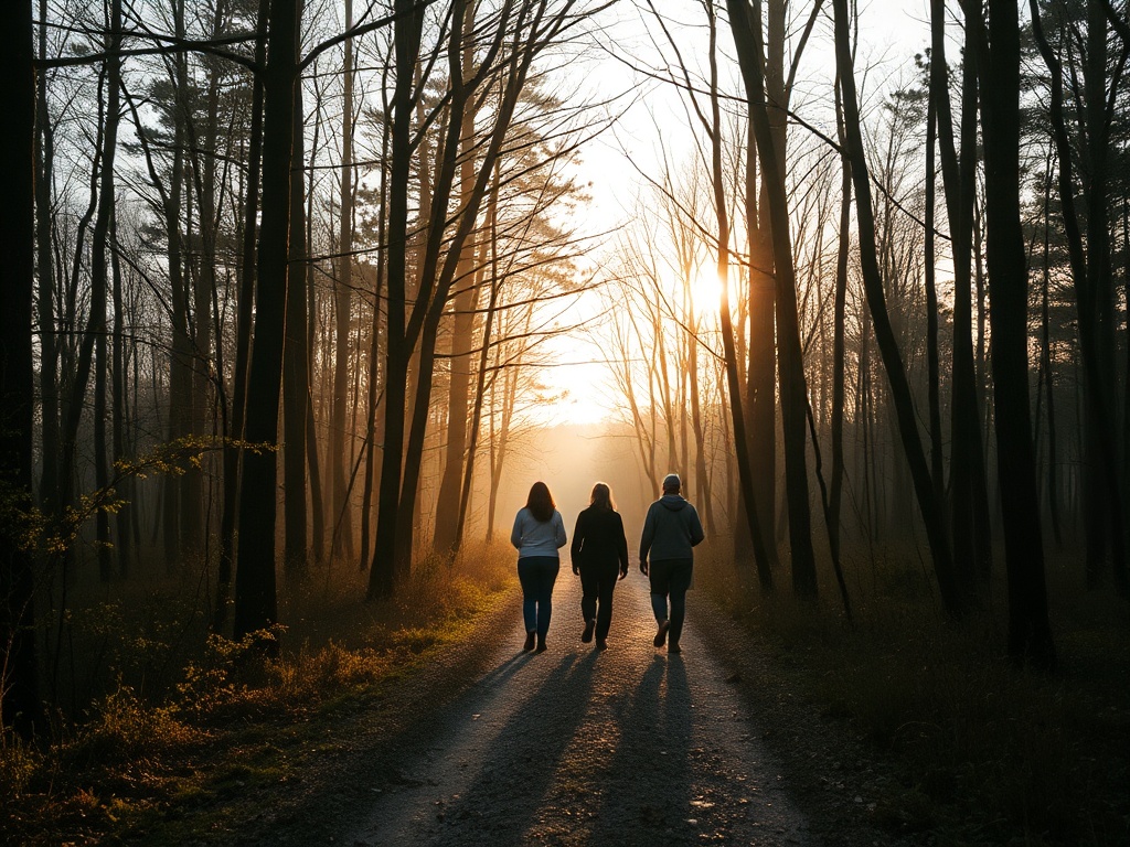 "A serene forest path at dawn, a small group of women walking together, soft light filtering through trees, gentle coaching moments, warm earthy tones, a sense of connection and reflection"