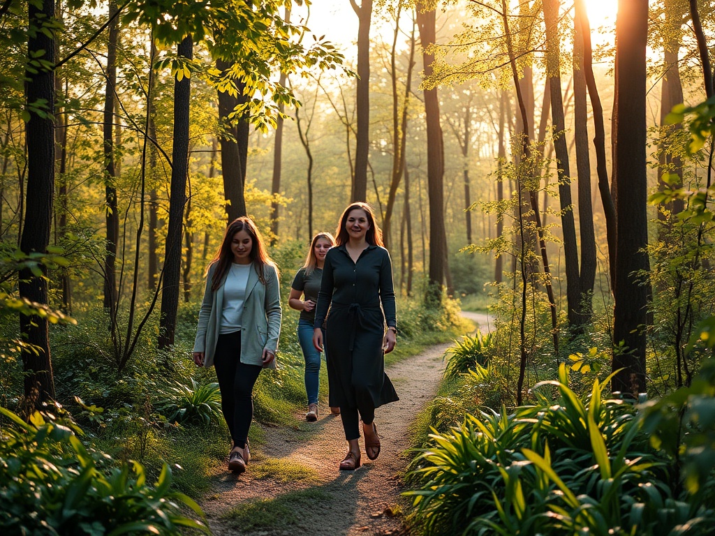 "A serene forest trail at dawn, a small group of women walking gently, soft light, dew on leaves, calm faces, guiding facilitator nearby, airy atmosphere"
