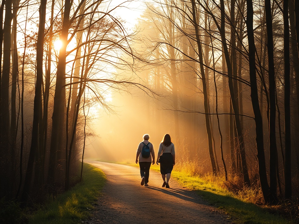 "A serene forest path at dawn, a small group of women walking together, soft light filtering through trees, gentle coaching moments, warm earthy tones, a sense of connection and reflection"
