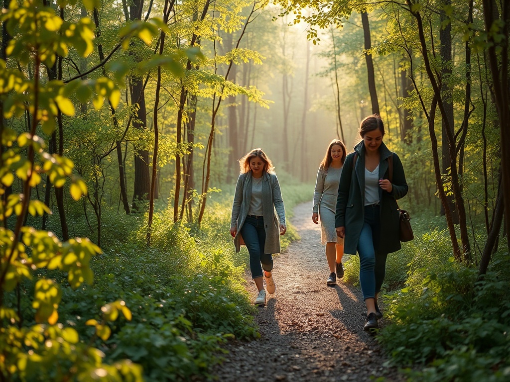 "A serene forest trail at dawn, a small group of women walking gently, soft light, dew on leaves, calm faces, guiding facilitator nearby, airy atmosphere"