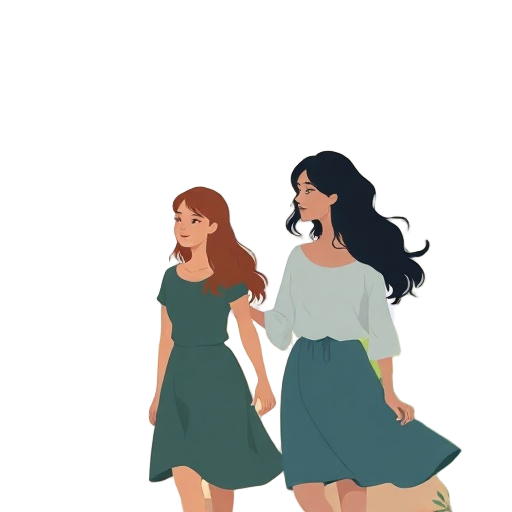 "Nature path" "women group" "walking side by side" "calm expressions" "soft green and blue tones" "gentle guiding silhouette" "sunlit forest canopy" "hand on shoulder support" "silhouette of questions symbol" "pause moment" "tiny birds" "minimalist detail