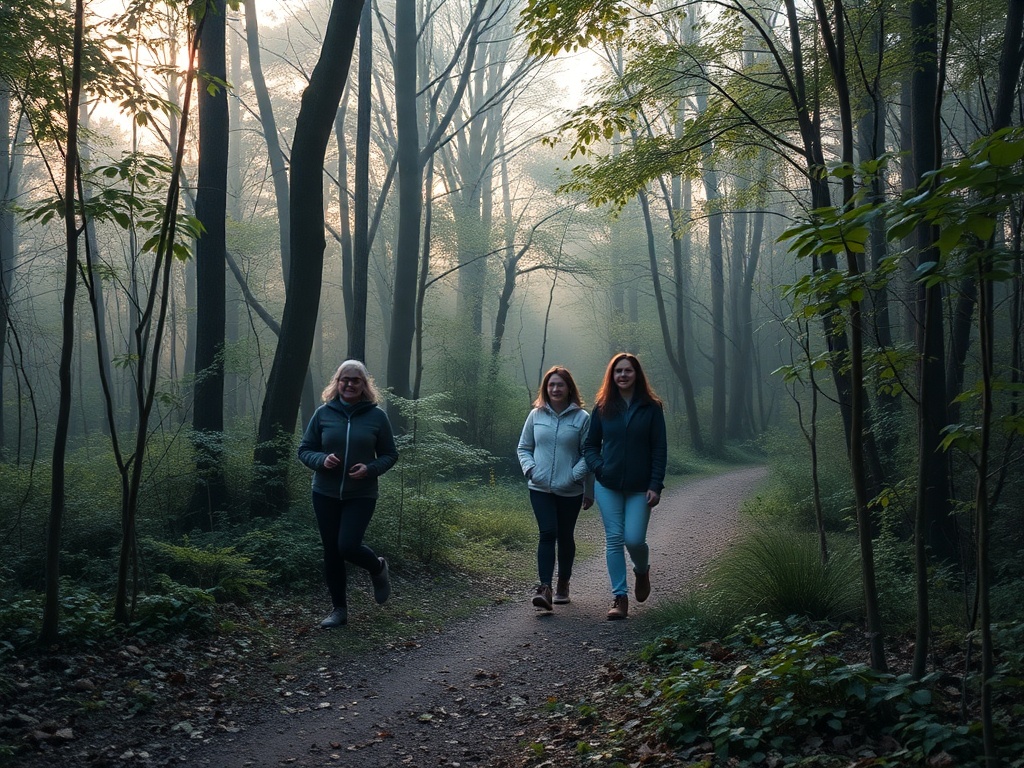 "A serene forest trail at dawn, a small group of women walking gently, soft light, dew on leaves, calm faces, guiding facilitator nearby, airy atmosphere"