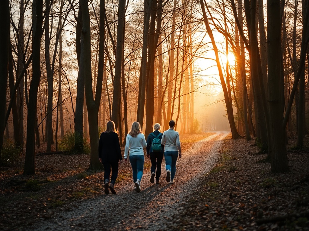 "A serene forest path at dawn, a small group of women walking together, soft light filtering through trees, gentle coaching moments, warm earthy tones, a sense of connection and reflection"