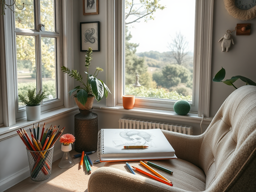 Een serene werkplek met een schetsboek en kleurpotloden.