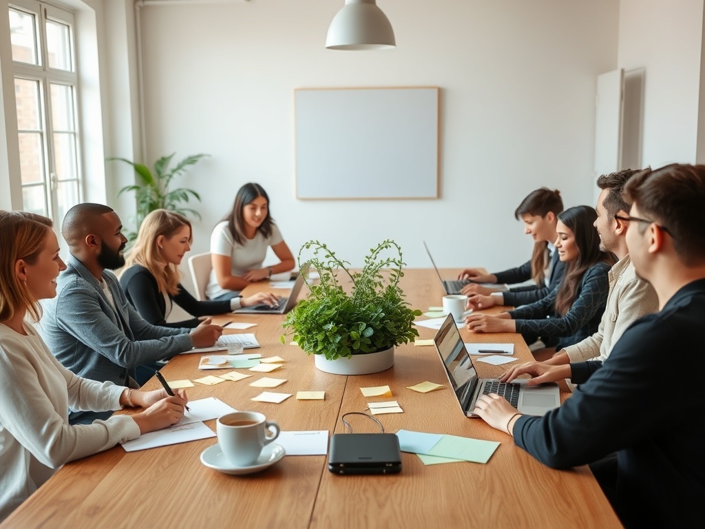 "A collaborative workshop scene" "diverse team around wooden table" "green heart-shaped plants centerpiece" "sticky notes, laptops, coffee" "sunlit modern studio, warm natural tones" "energy, connection, momentum"