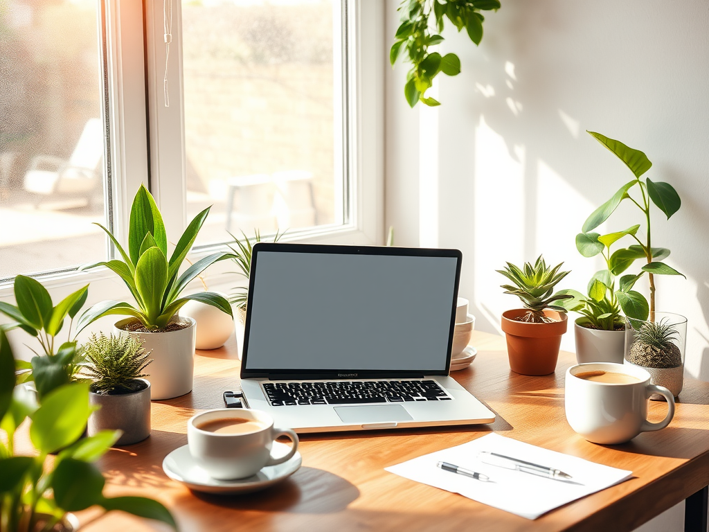 Een rustig bureau met een laptop en planten.