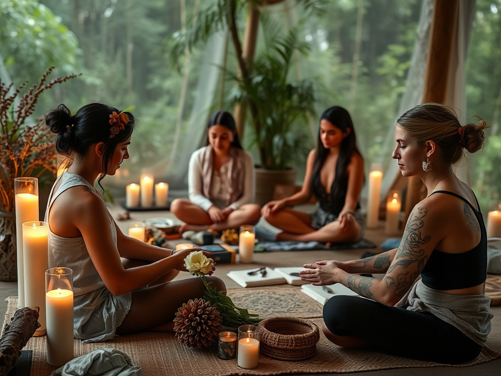 Een serene setting met een Soul Ink Ceremony en mediterende deelnemers.