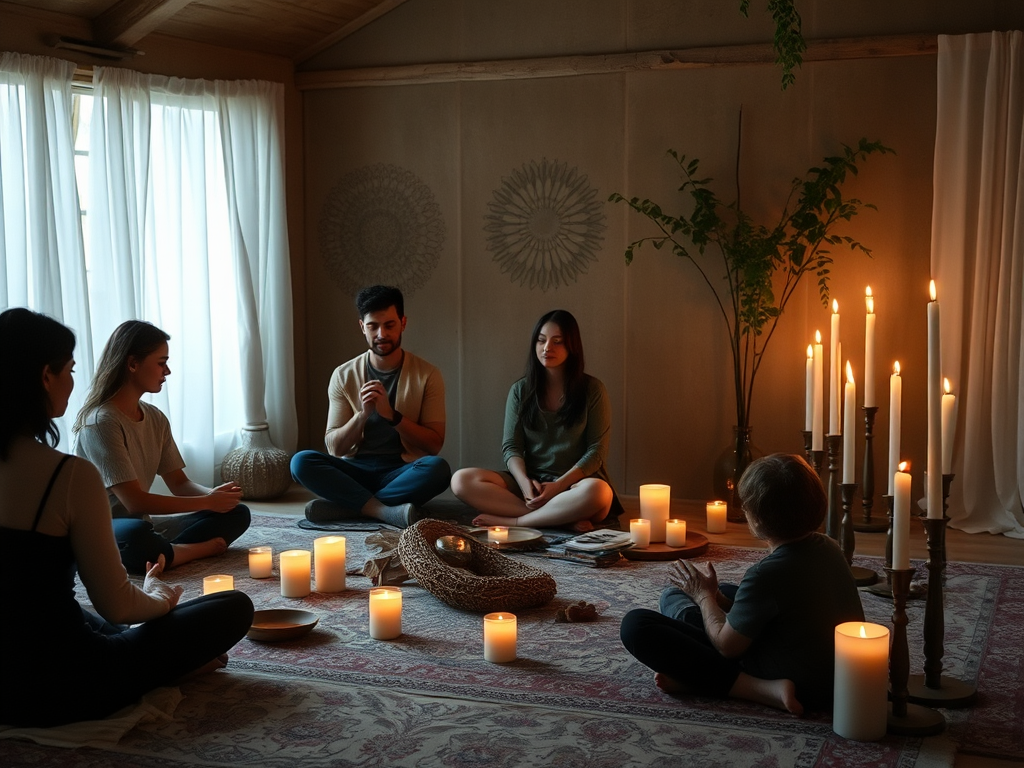 Een serene ruimte met een Soul Ink Ceremony en meditatie.