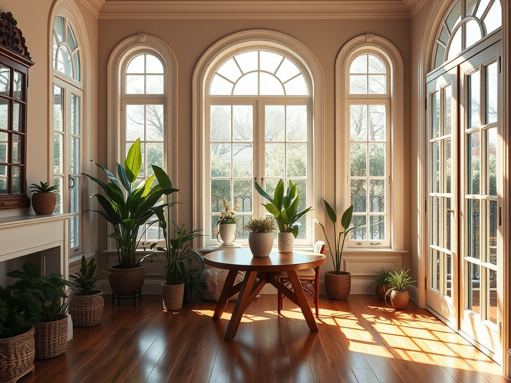 Gezellig interieur met elegante ramen en planten.