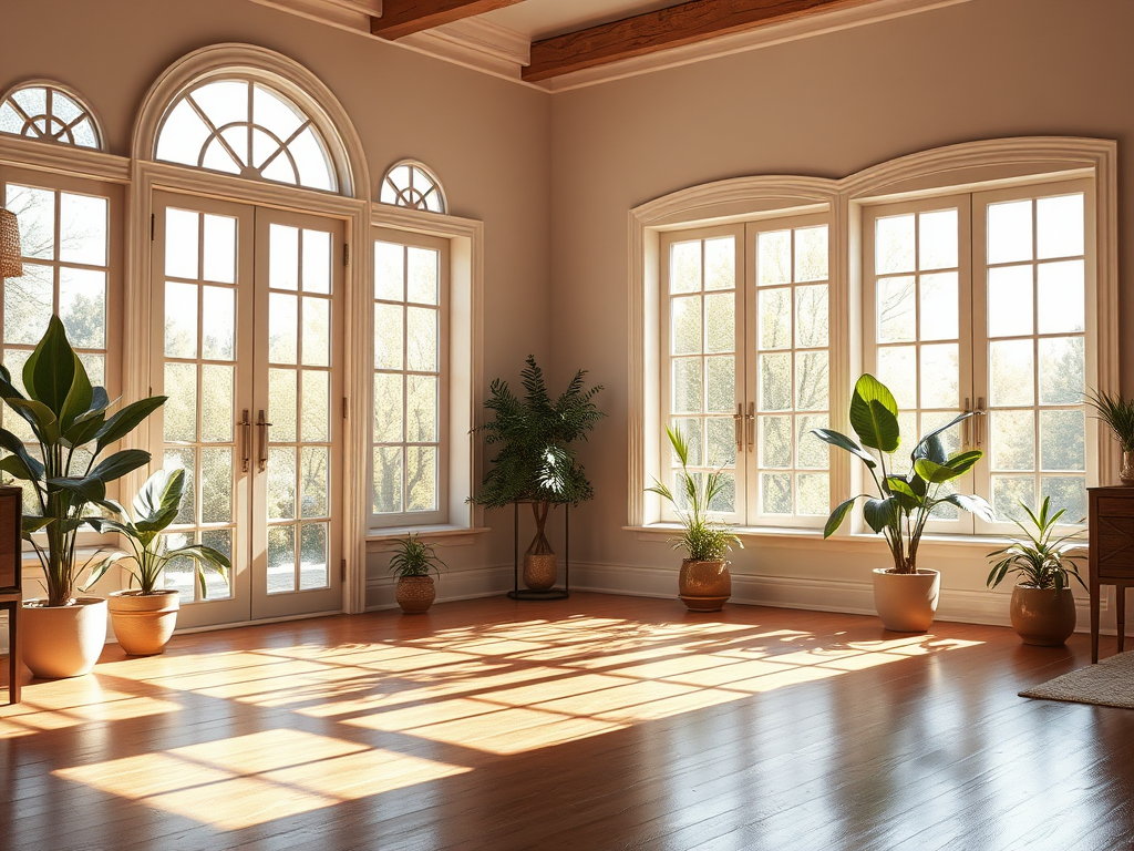 Gezellige woonkamer met elegante raampartijen en planten.