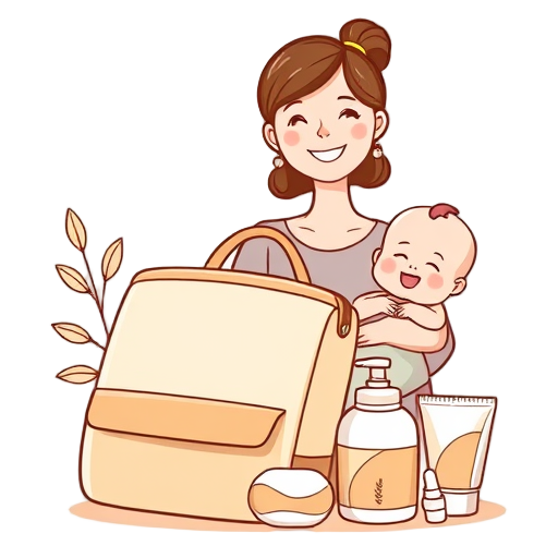 "baby bag" "natural products" "oat oil" "soft care" "smiling mom" "happy baby" "soap bottle" "cream tube" "travel pouch"