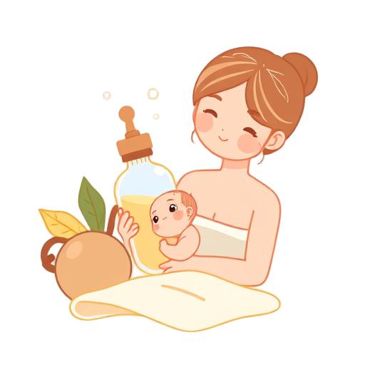 "baby bottle" "soft towel" "natural leaves" "small bag" "gentle bubbles" "mother and baby"