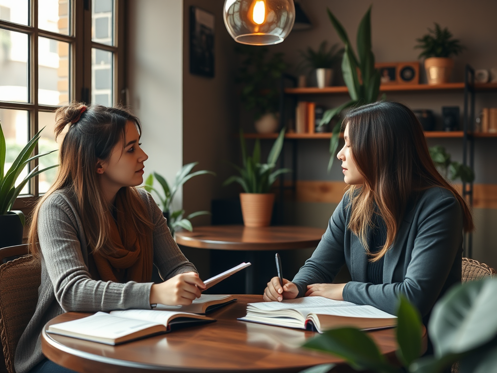 Twee mensen in een café, verdiept in gesprek.