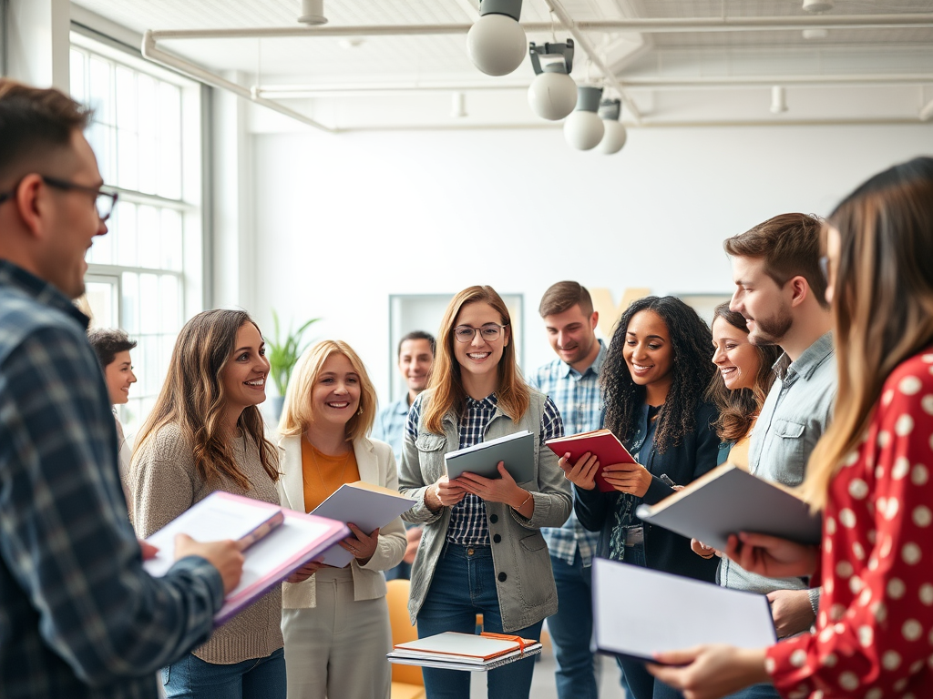 Een diverse groep mensen in een lichte ruimte, samenwerkend.