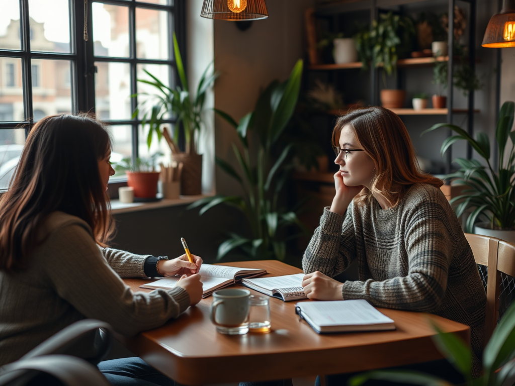 Twee mensen in gesprek in een gezellig café.