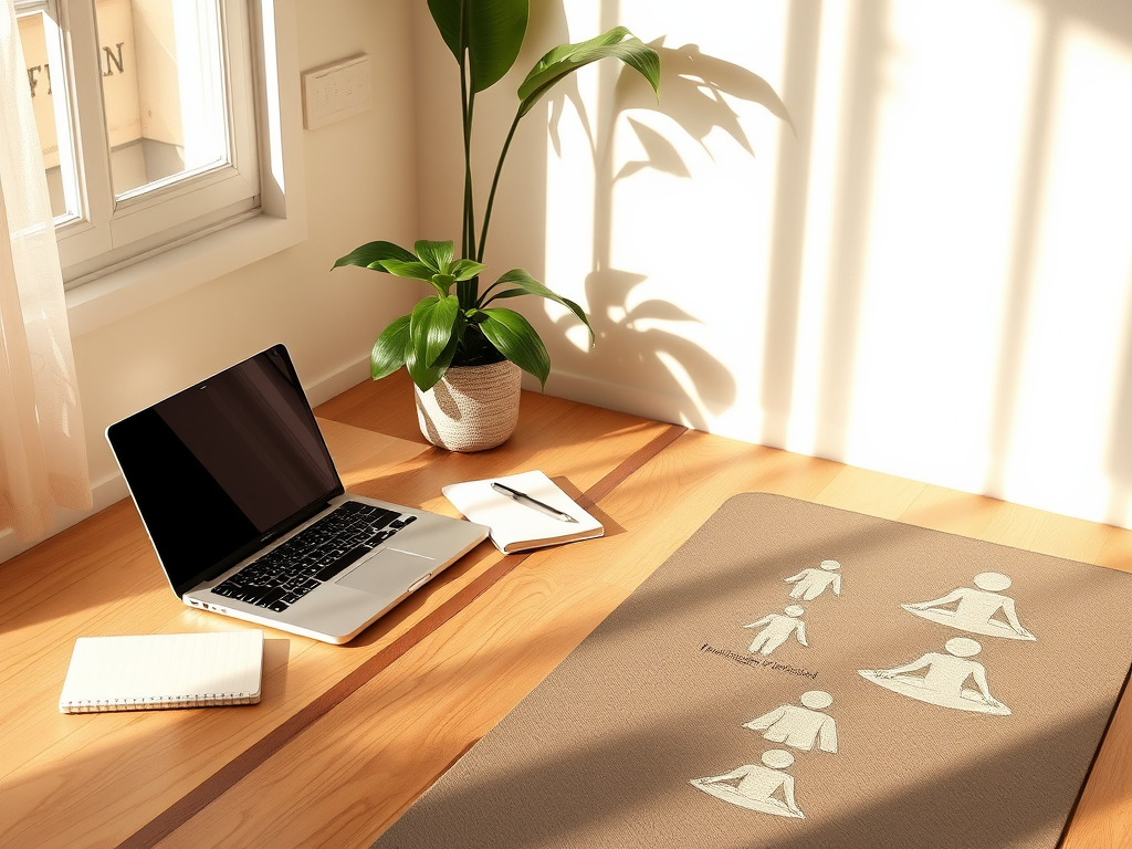 Een serene werkplek met laptop, notitieblok en plant.
