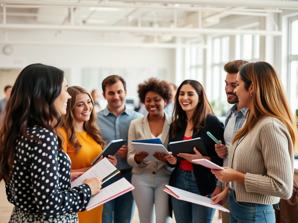 Een diverse groep mensen samen in een lichte ruimte, lachend.