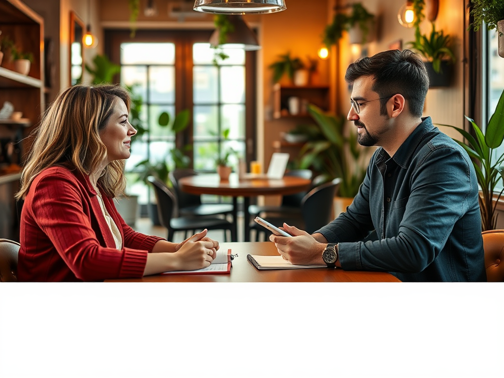 Twee mensen in een gezellig café, diep in gesprek.