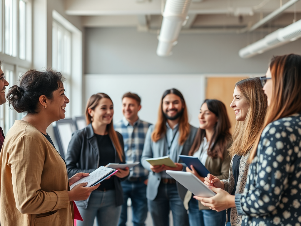 Een diverse groep mensen in een lichte ruimte, die samenwerkt.