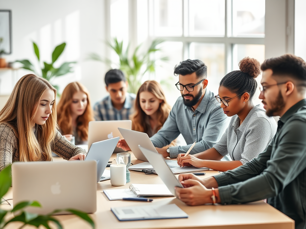"diverse group of focused people" "working on laptops and notebooks" "bright, modern workspace" "calm, encouraging atmosphere" "soft natural lighting"