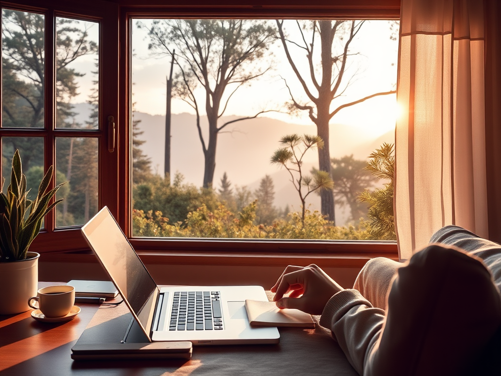 "a calm, supportive workspace" "a laptop open with a serene nature background outside a window" "soft morning light" "a person relaxedly taking notes" "coffee cup nearby" "peaceful, encouraging atmosphere"
