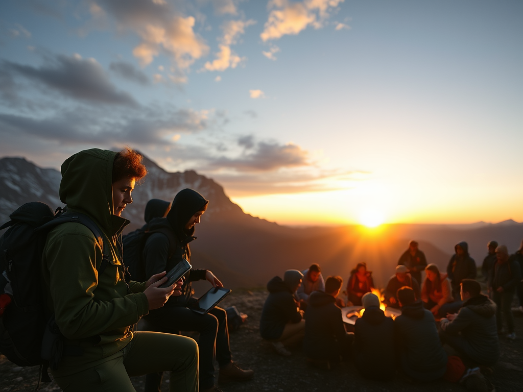 A sunrise over a mountain basecamp with hikers gearing up, focused faces, digital tablets in hand, and a supportive group gathering around a campfire.