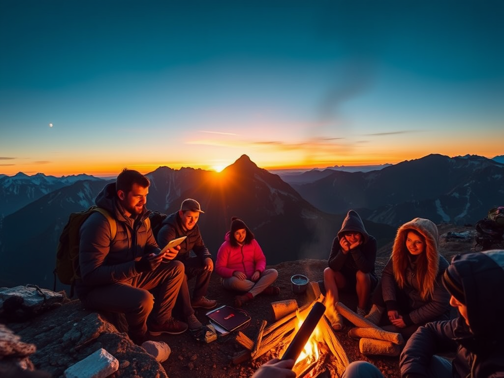 A sunrise over a mountain basecamp with hikers gearing up, focused faces, digital tablets in hand, and a supportive group gathering around a campfire.