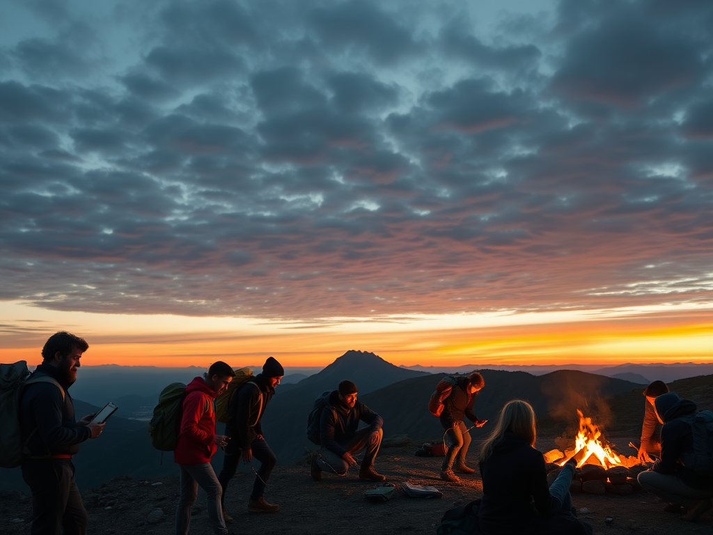 A sunrise over a mountain basecamp with hikers gearing up, focused faces, digital tablets in hand, and a supportive group gathering around a campfire.