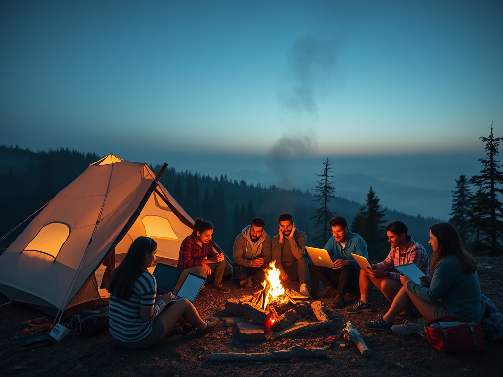 A serene mountain basecamp at dawn, "tent with soft glowing light", "diverse people connecting warmly around a campfire", "laptops and notebooks open", "calm forest background".