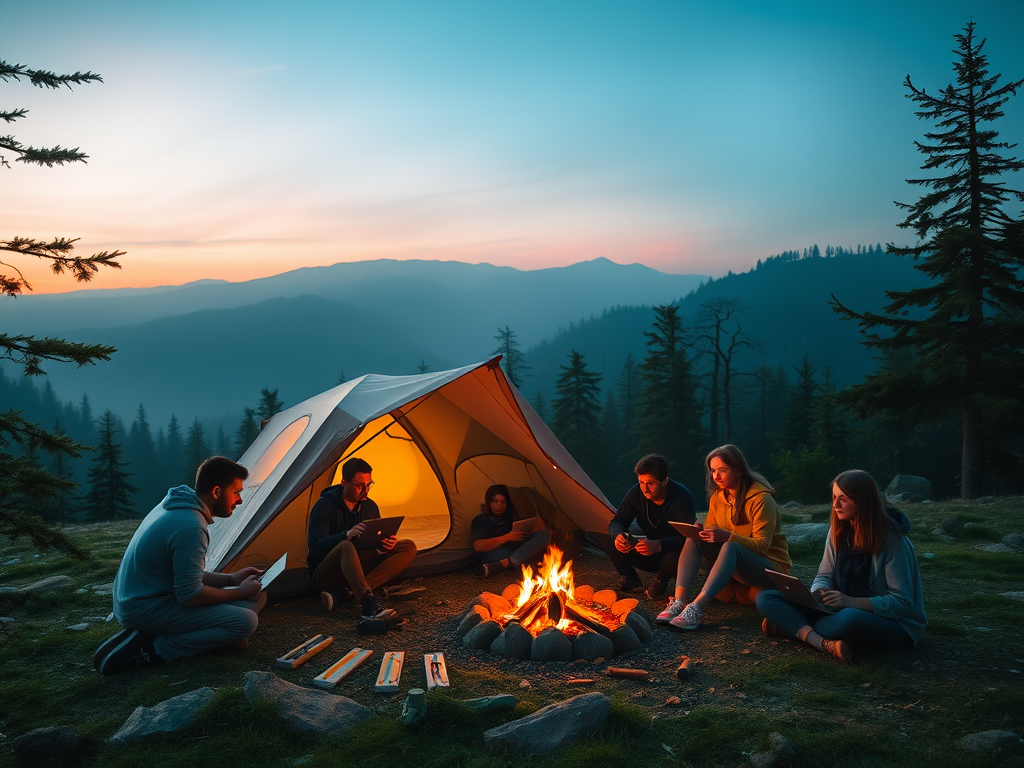 A serene mountain basecamp at dawn, "tent with soft glowing light", "diverse people connecting warmly around a campfire", "laptops and notebooks open", "calm forest background".