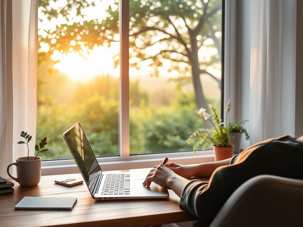 "a calm, supportive workspace" "a laptop open with a serene nature background outside a window" "soft morning light" "a person relaxedly taking notes" "coffee cup nearby" "peaceful, encouraging atmosphere"