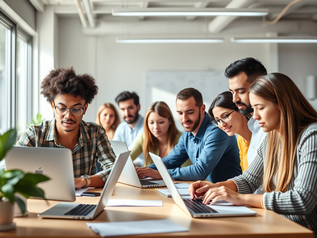 "diverse group of focused people" "working on laptops and notebooks" "bright, modern workspace" "calm, encouraging atmosphere" "soft natural lighting"