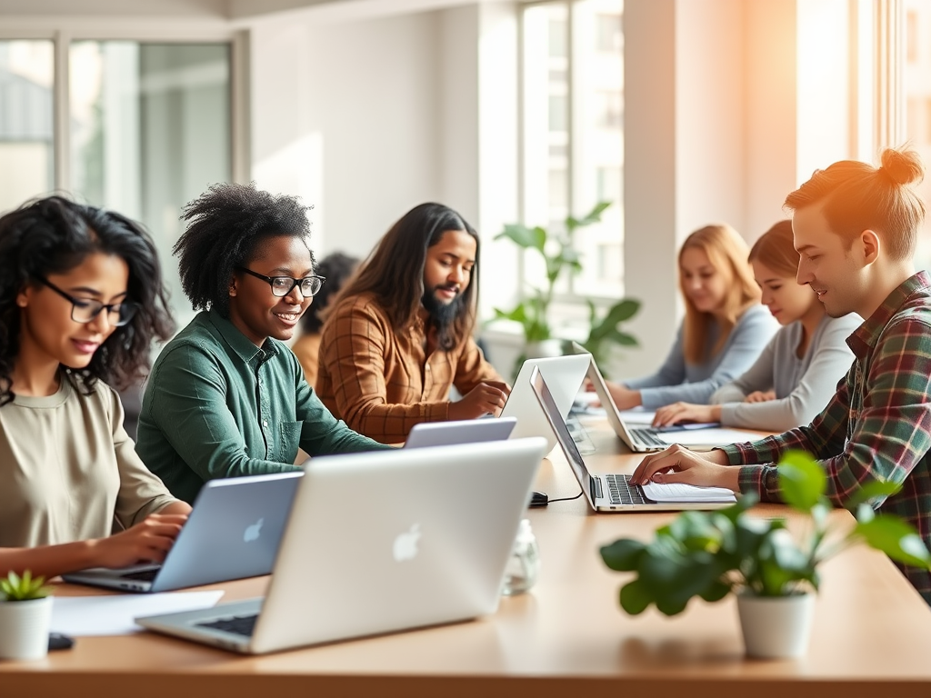 "diverse group of focused people" "working on laptops and notebooks" "bright, modern workspace" "calm, encouraging atmosphere" "soft natural lighting"