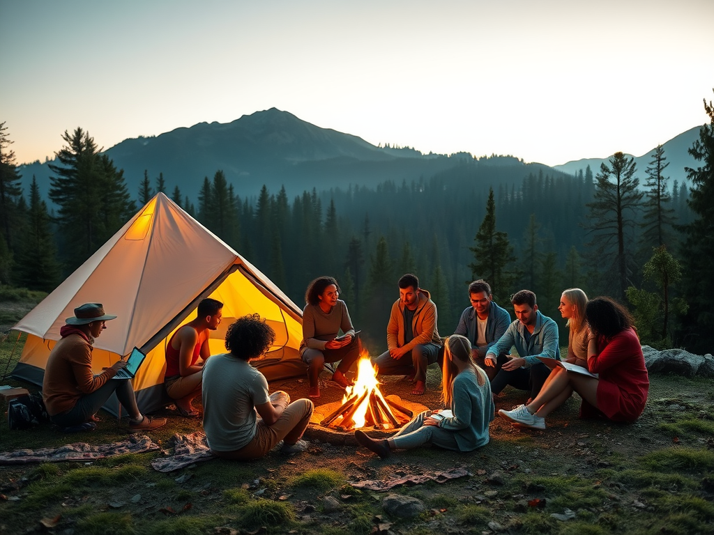 A serene mountain basecamp at dawn, "tent with soft glowing light", "diverse people connecting warmly around a campfire", "laptops and notebooks open", "calm forest background".