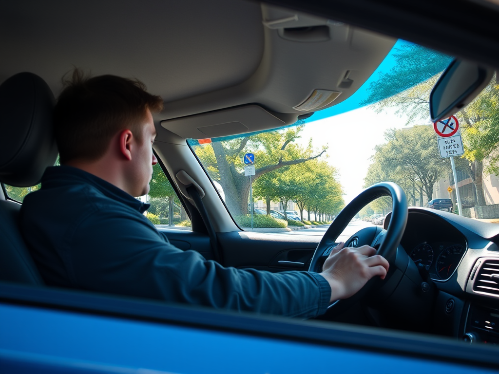 Een leerling die aan het rijden is in een auto.